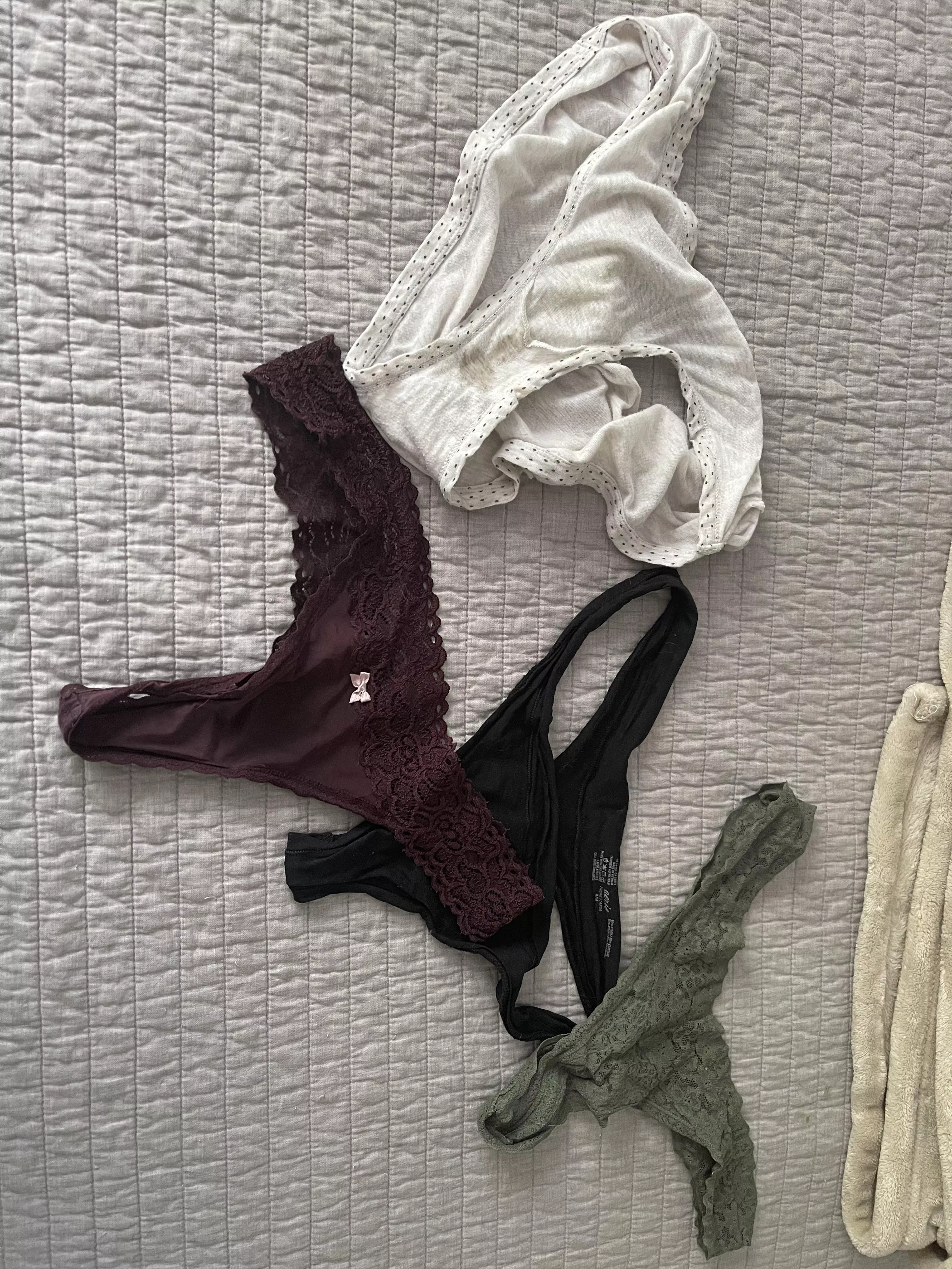 Which should I dirty today? Green were worn two days. White have a little pee leak I had this morning. Which should I dirty today? Green were worn two days. White have a little pee leak I had this morning.