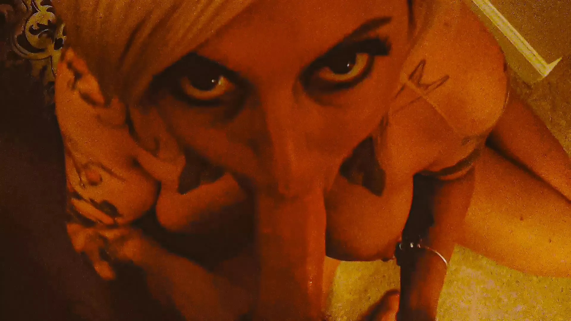 Wife on her knees looking up with throbbing dick in her mouth