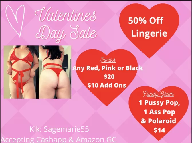 ❣️ Will You Be My Valentine? ❣️ [Selling] $20 Red, Pink, Or Black Panties 💦 $10 Add Ons Available | Half Off Lingerie And $14 Candy Grams 🍭 SALE [kik] Sagemarie55