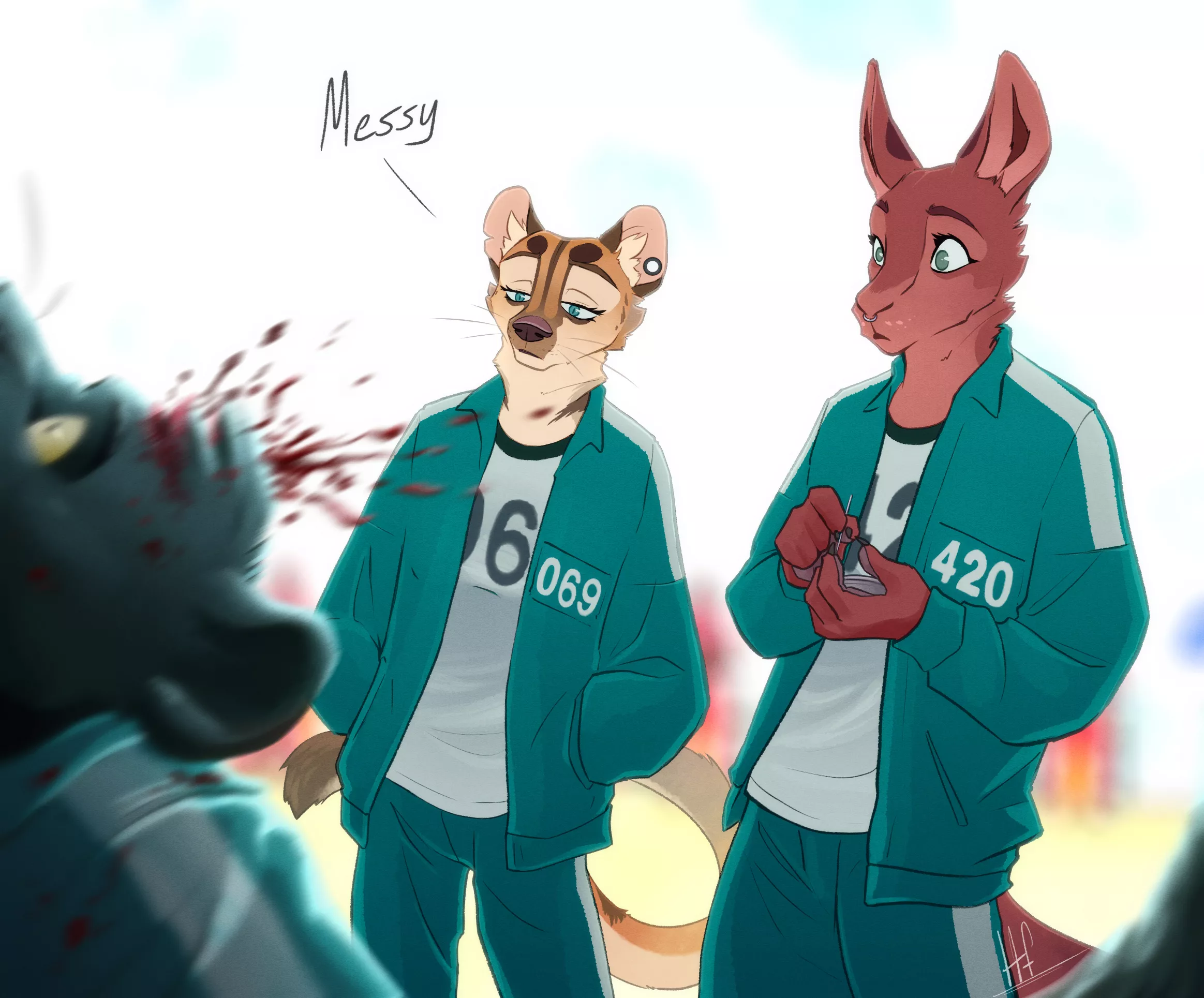 Yea lol I had to do it too, some Squid Game. Drew the sona of a friend of mine too. Let me know if nsfw alert is needed, I don't really know if this is too gory :')