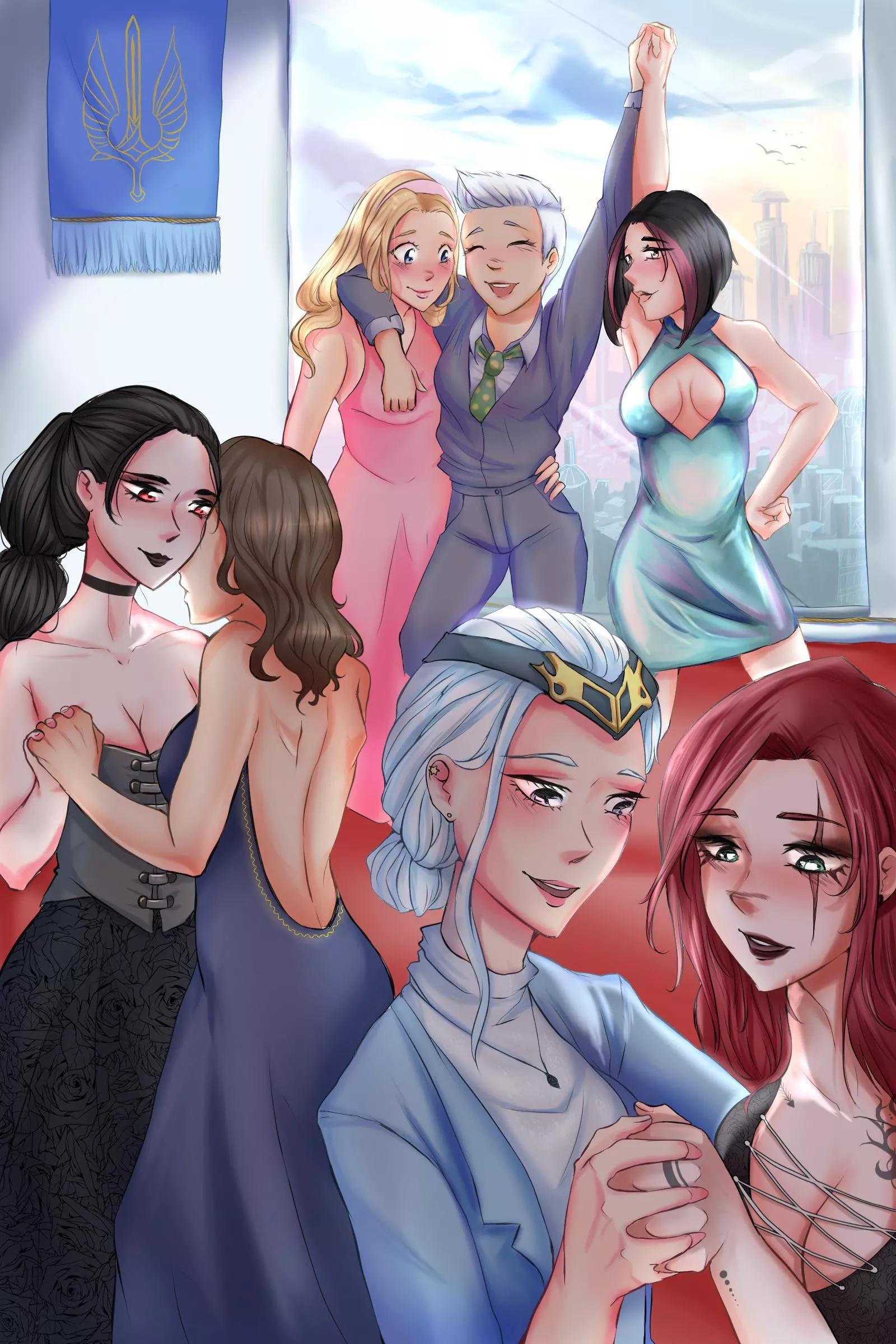 Yuri polycule at the ball [Vayne, Quinn, Lux, Riven, Fiora, Ashe, Katarina]