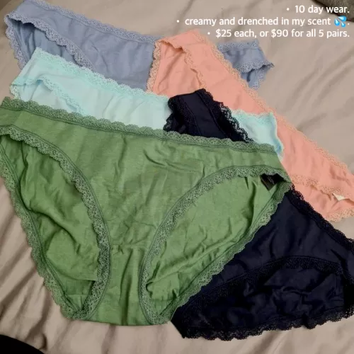21[f][selling]: these worn panties smell just like my pretty lil' pussy 💦. dm me for information and for today's sale ✨. all packages include free standard shipping, a lil' surprise, and a short video of me showing off your purchased items ♥️