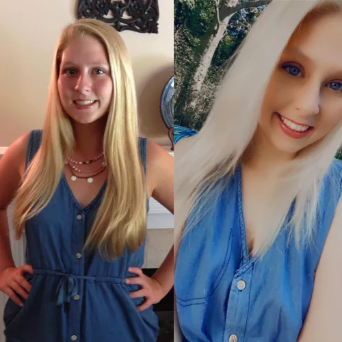 22F. New here. I know I have sooo much progress to make still, but I feel this shows my transformation from innocent, good girl on the way to bimbo slut ✨💙