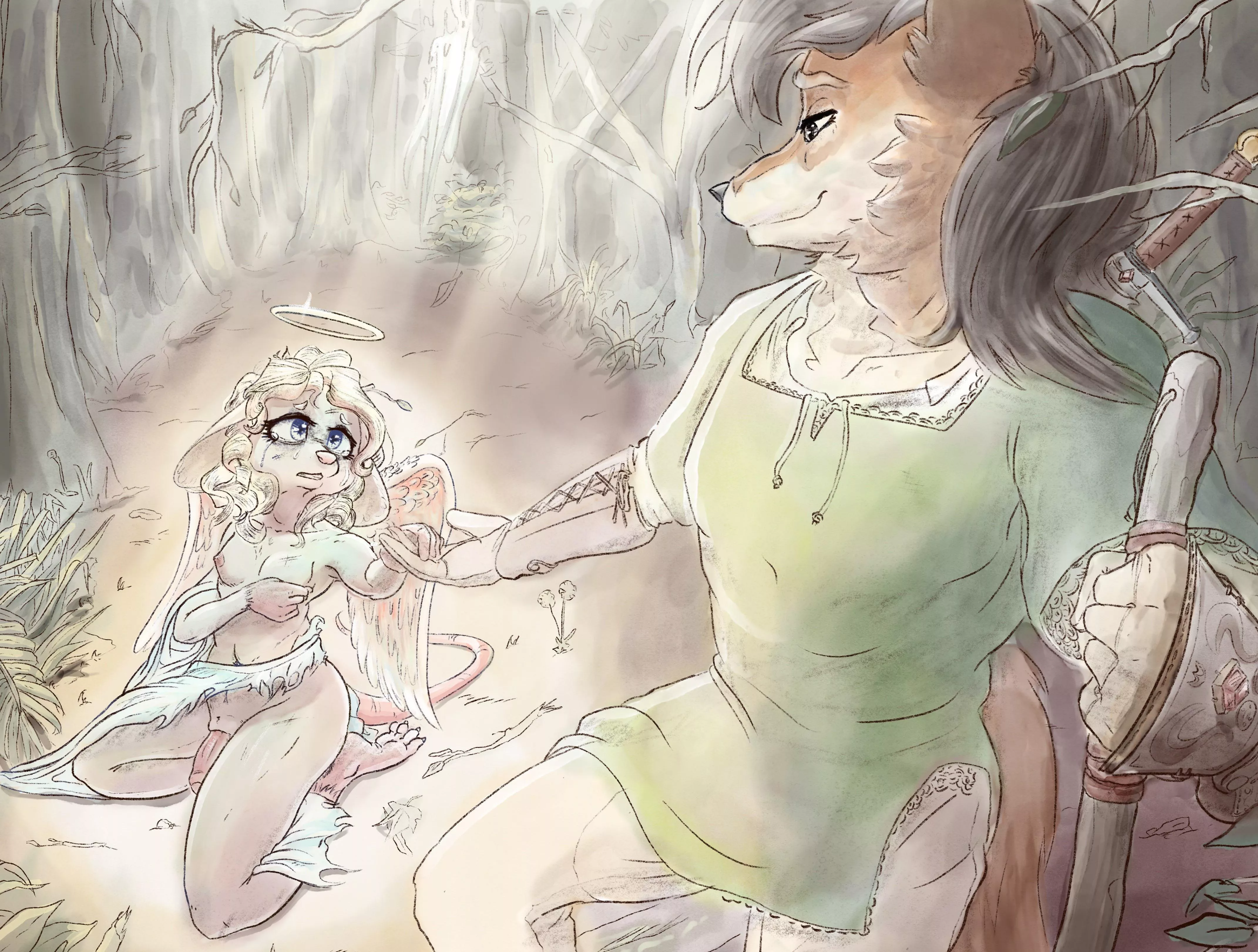 A lone wanderer meets a fallen Angel (OC/@Lewdlesart)