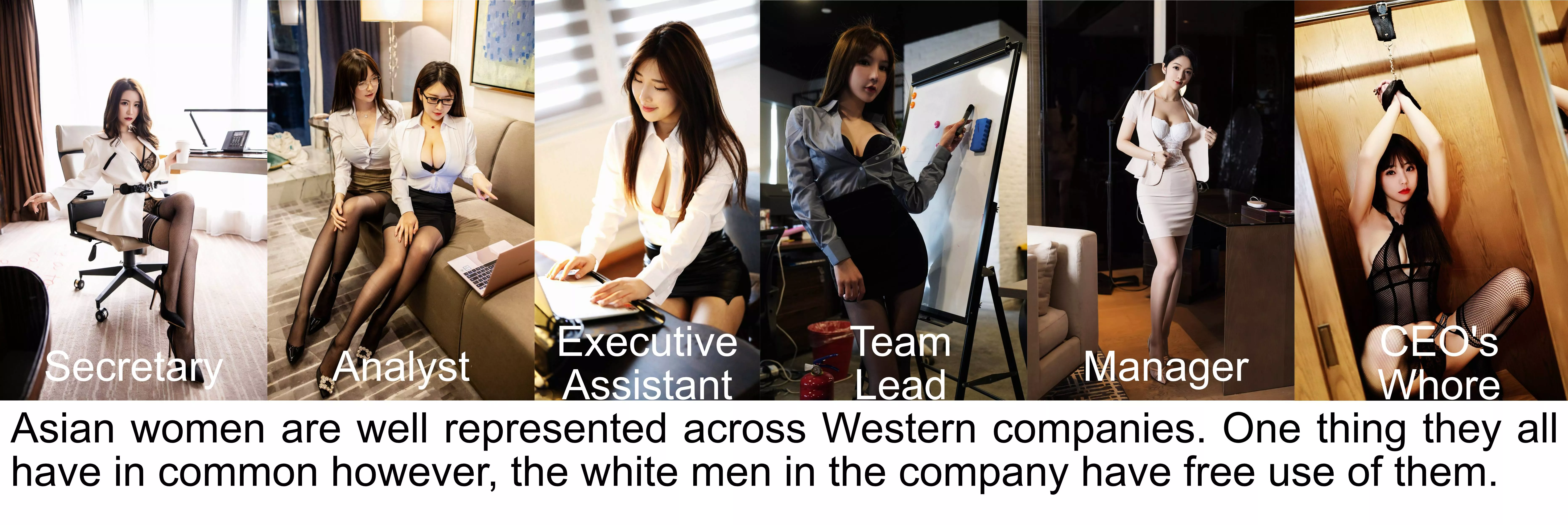 Asian women are well represented across the company - but one thing they have in common, serving the white men Asian women are well represented across the company - but one thing they have in common, serving the white men