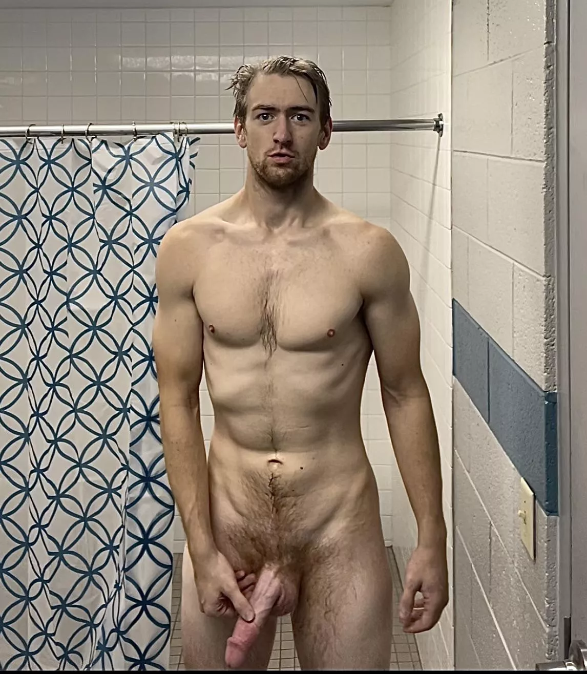 Big confused drunk leaves shower grabbing penis on St Patrick’s Day.