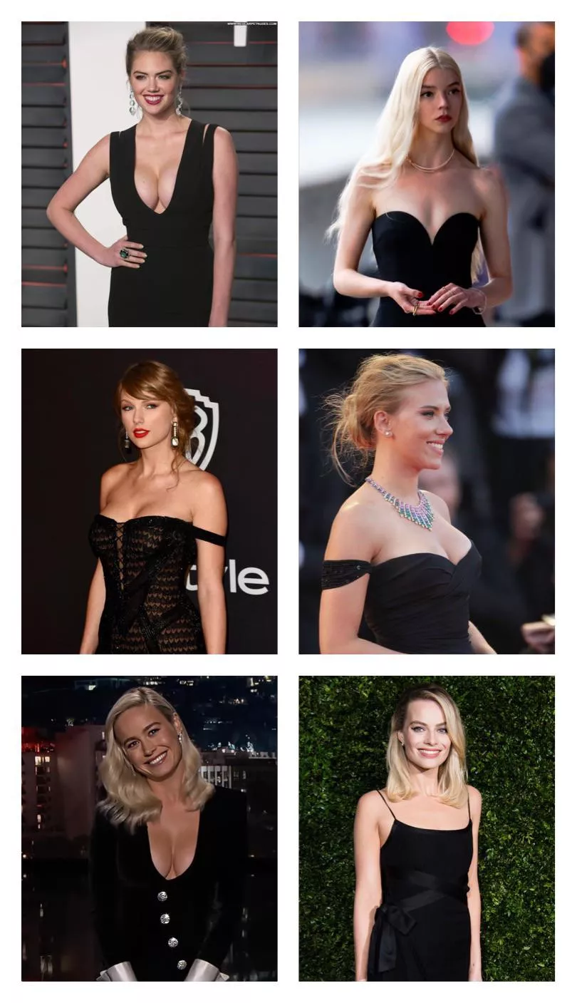 Blondes wearing black: Kate Upton, Anya Taylor-Joy, Taylor Swift, Scarlett Johansson, Brie Larson and Margot Robbie Blondes wearing black: Kate Upton, Anya Taylor-Joy, Taylor Swift, Scarlett Johansson, Brie Larson and Margot Robbie