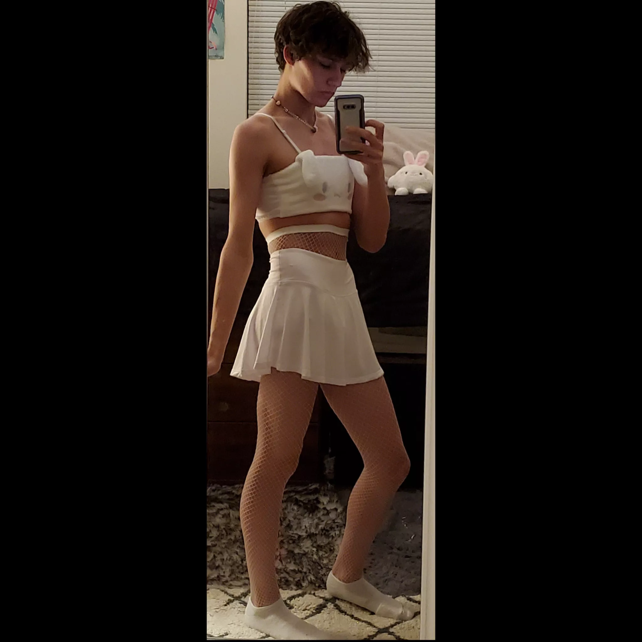 Bunny bra+tennis skirt+fishnets=happy bunny boy🐰💖. Happy Easter Everyone U^ω^U 💕.