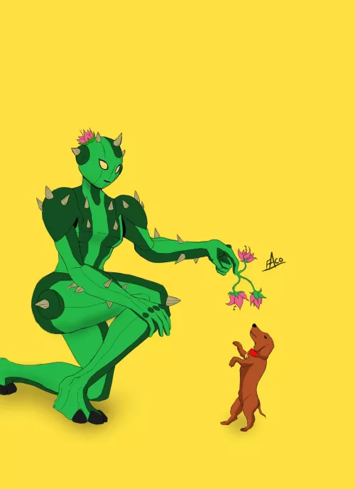 Cactus monster girl playing with a dog, I made (faconator).