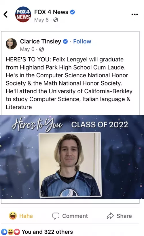 Can someone PLEASE help me tell XQC that someone trolled a news lady here in Dallas TX doing HS graduate shoutouts submitted to her. Comments were like “good for him for going back to school!” I don’t think he ever saw this happened it’s just so 
