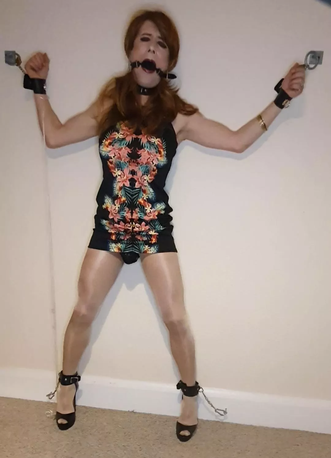 Collar and cuffs attached to the wall.....a gag to keep the noise down and a cage to keep clitty in check...have fun! 😈