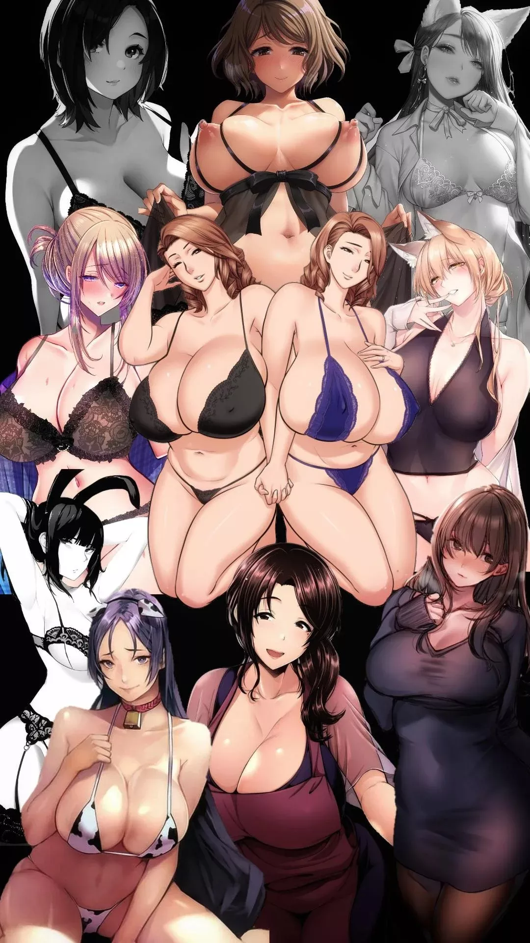 Color 11girls, 1girl, animal ears, armpit, arms up, babydoll, bikini, black bra, bow, bunny ears, collage/collection, cow bell, cow girl, cow print, finger to own mouth, holding hands, huge breasts, large breasts, lingerie, meme, milf, mono, multiple gir