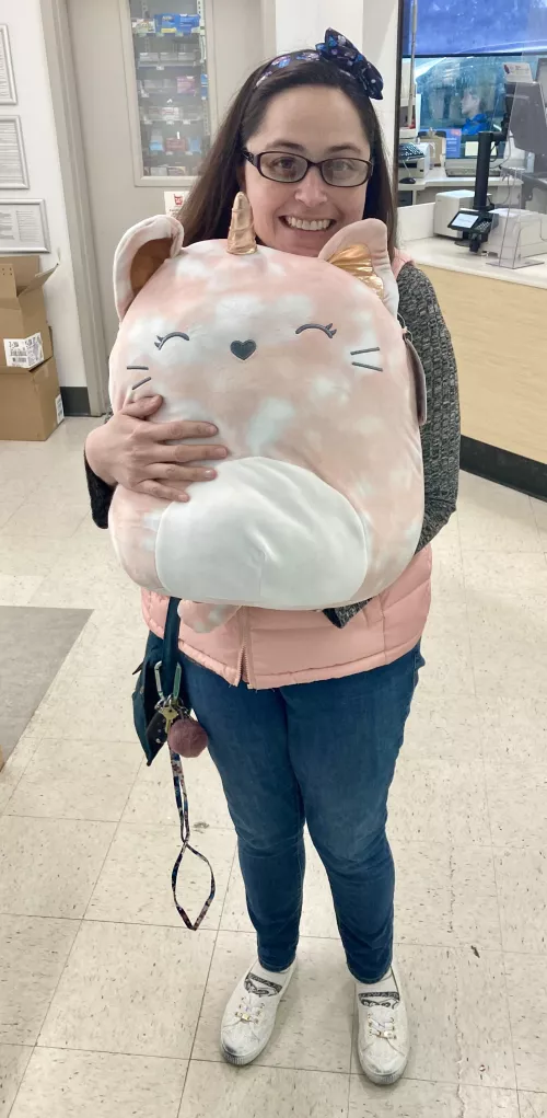 Daddy got me my first ever Squishmallow!! Her name is Dora and she’s perfect to cuddle up with!!! 🥰🥰🥰