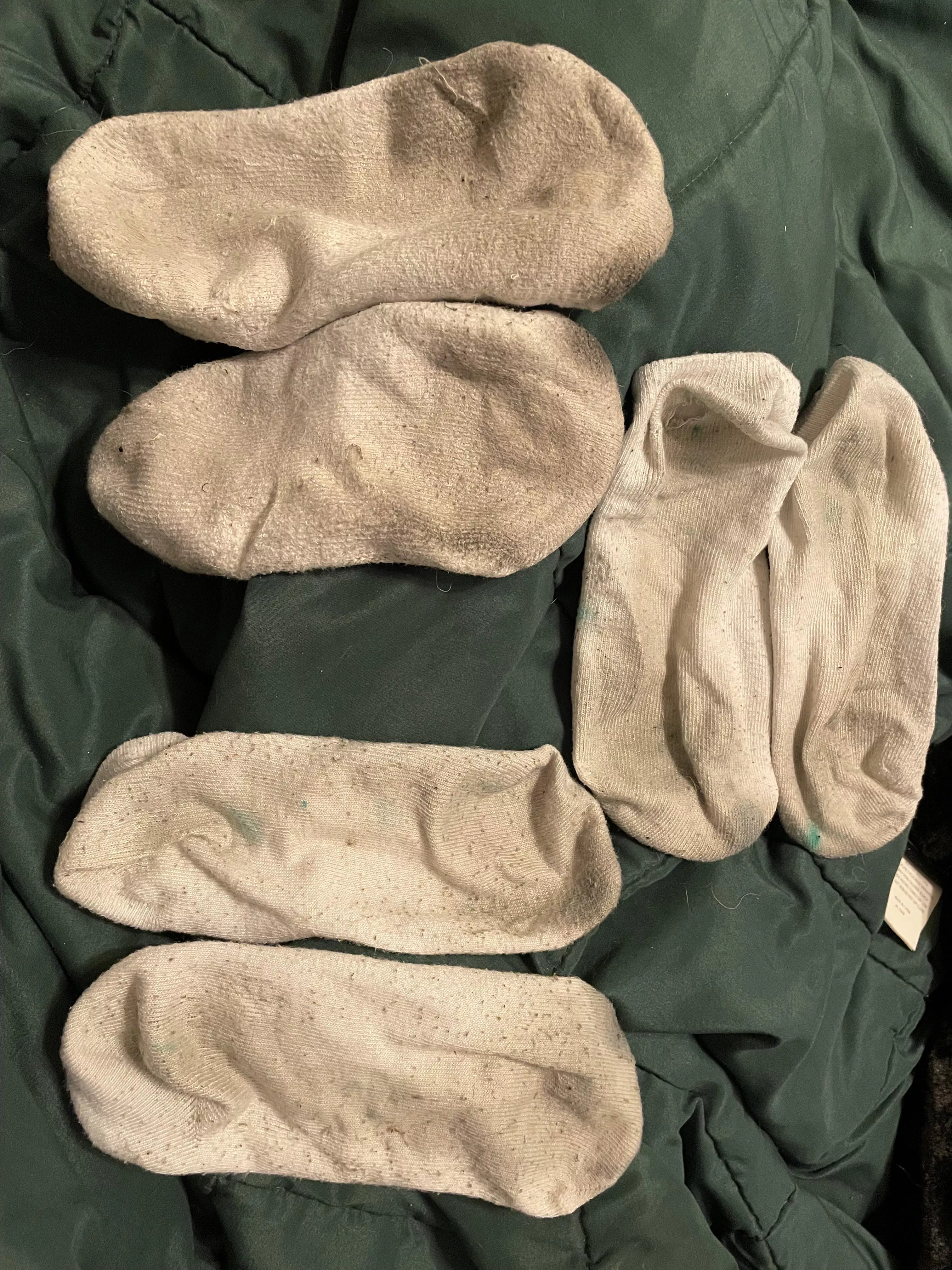 Each of these were worn for 3 weeks, 24/7 (except to shower). I worked in them, walked in them, slept in them, etc. Look how nasty they are. Imagine how awful they smell. Do you want a sniff? Which ones are your favorite?