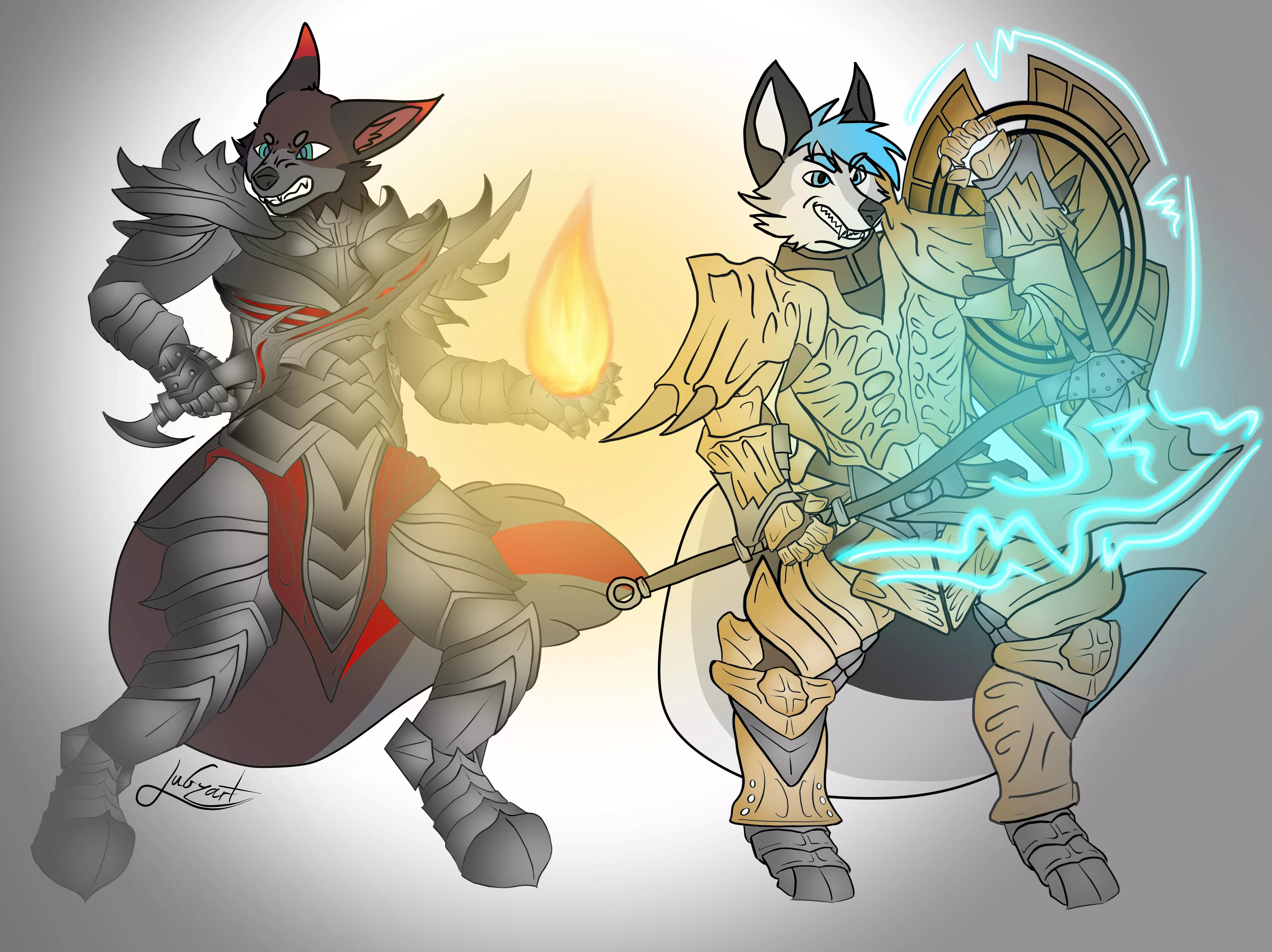 Finished commission for Drache33 of his and I’s sonas in daedric and dragon bone armor!