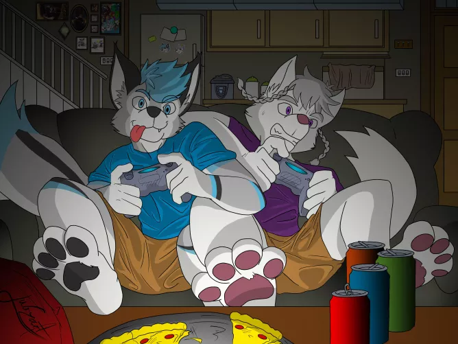 Finished commission for my bud u/LarkH03! Two buds gaming into the night! What do you think they’re playing? And who is winning?
