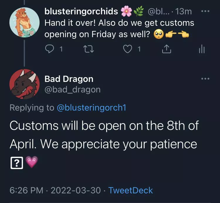 For anyone wondering when customs will be open, it’s April 8th :-)