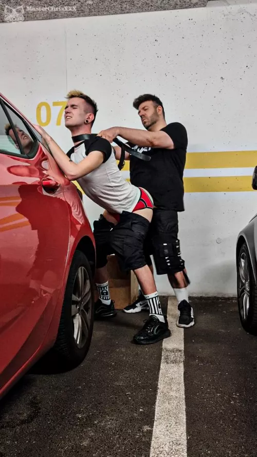 From the new video! In the garage between the cars, there was anal plug in my slave's hole all day anyway, I should fill his ass with my hot jizz! As I fucked, I pulled his belt around his neck to force out the best pose. It was a quick and hard fucking