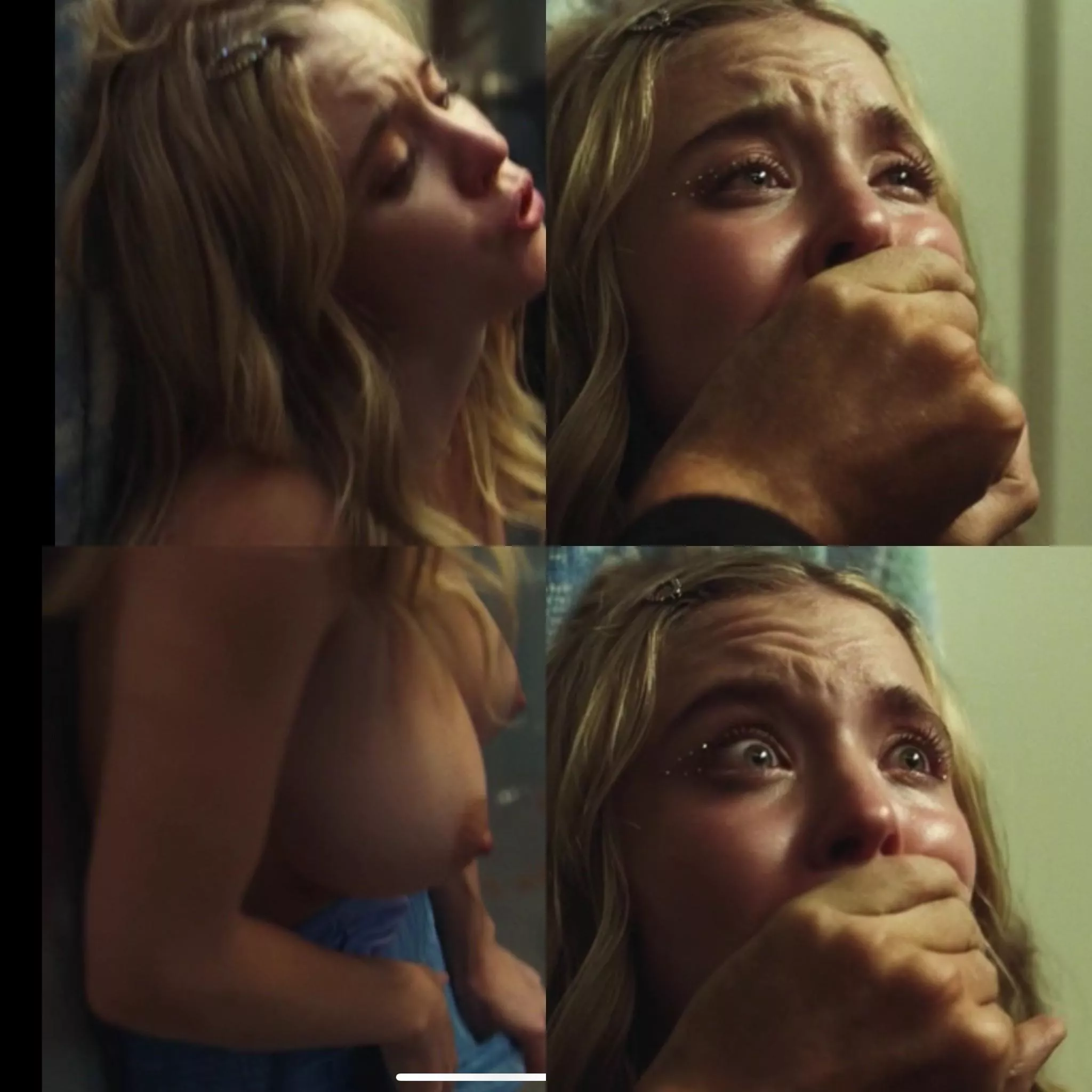 Her tits, the hand over her mouth and the panic in her eyes