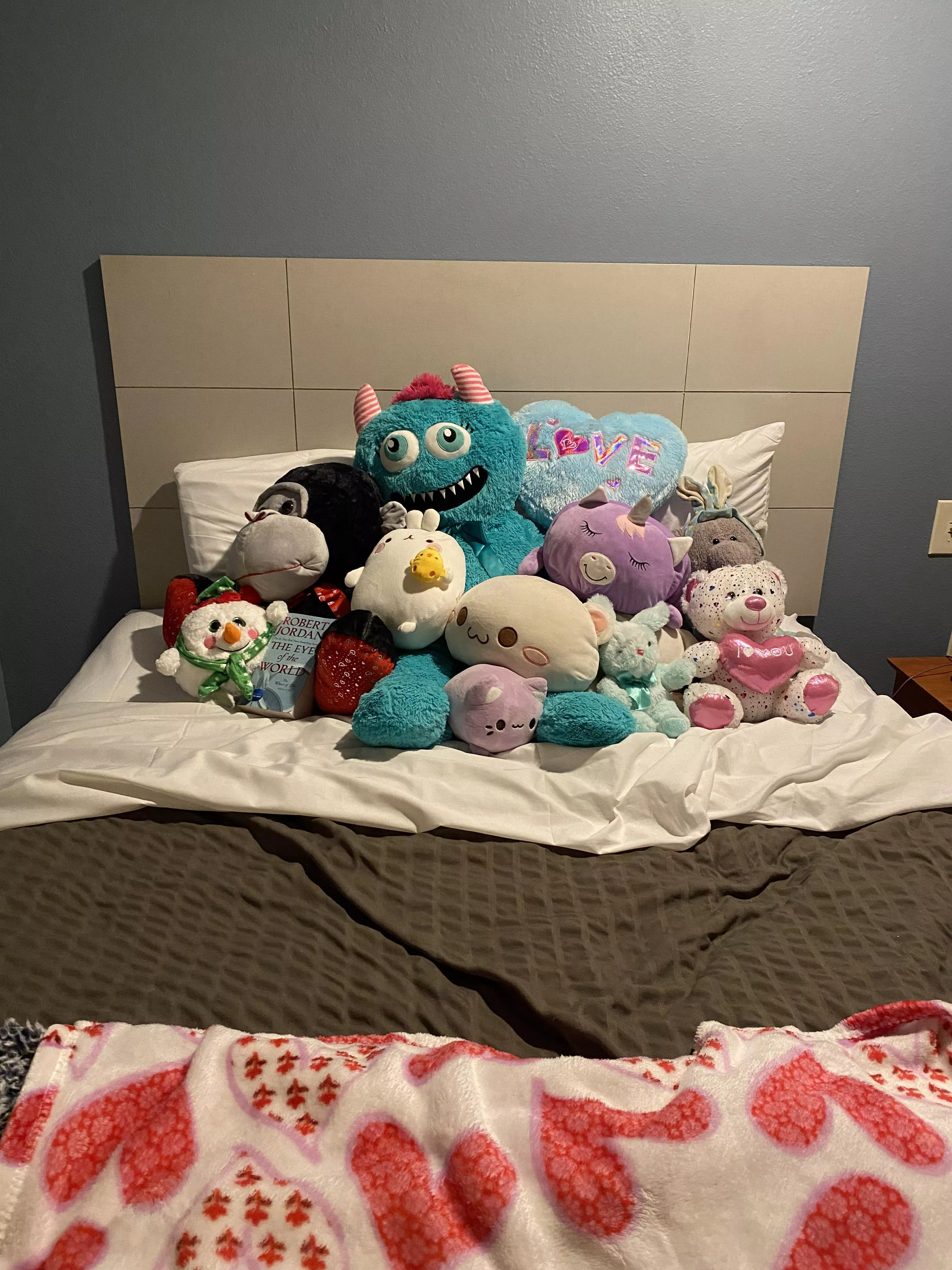 Hi! I'm the little that left my husband recently. I'm getting set up in an extended stay hotel room so I thought I would make the bed look like home. Stuffy names in the comments!