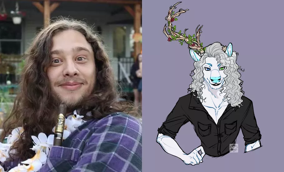 Hopping on the bandwagon, my fursona vs me. Art by @Mochimalha