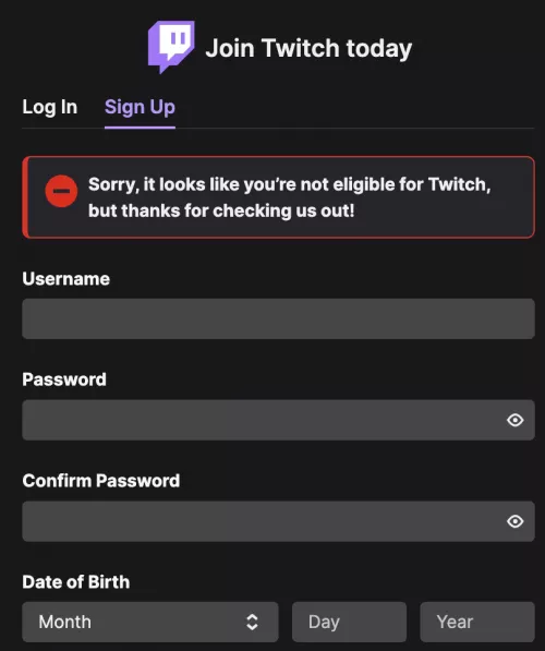 I accidentally made a typo with age when creating a new account, and twitch said I am too young, now I am stuck with this message. I tried clearing browser history anc closing the window, but i still can't create an account. Help.