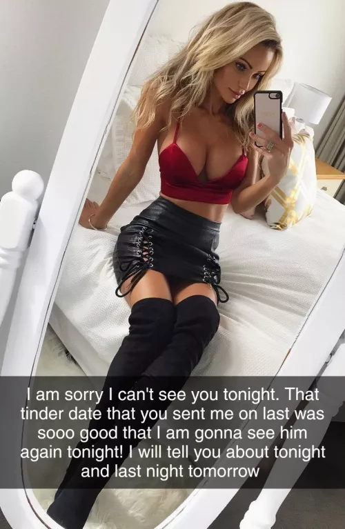 I send my girlfriend on tinder hook-ups and then she comes over to mine and jerks me off while she tells me about them. I am not sure I can wait until tomorrow but I am excited for a double story.