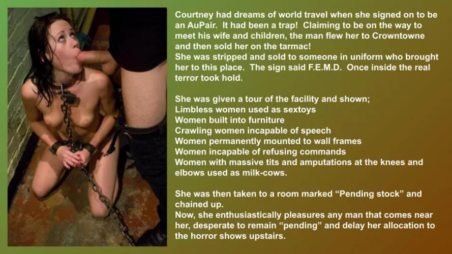 In the basement of the Female Experimental Modification Division (FEMD) Courtney delays her fate.