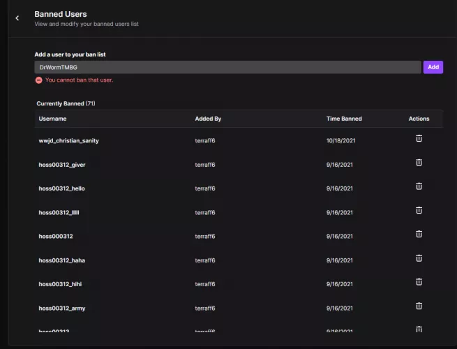 is there a reason i cant ban this person? cause i tried multiple times to ban them from my chat