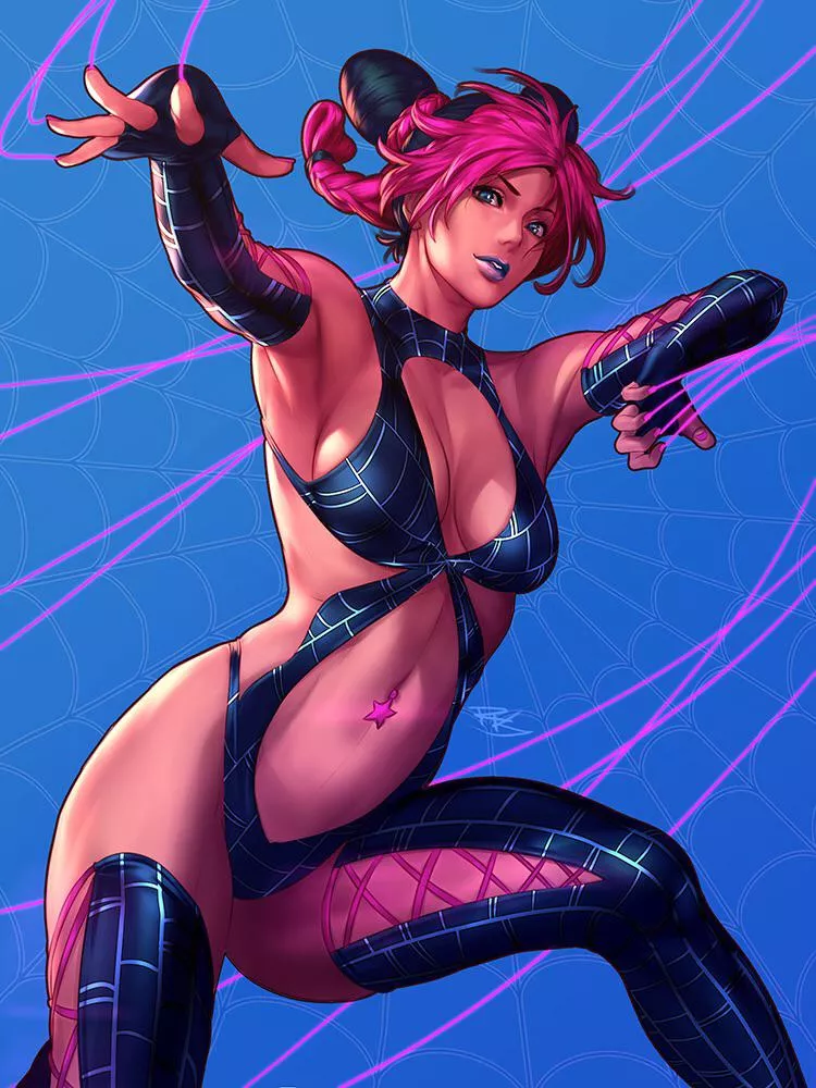 Jolyne wielding a string and she has her arms up showing her armpits