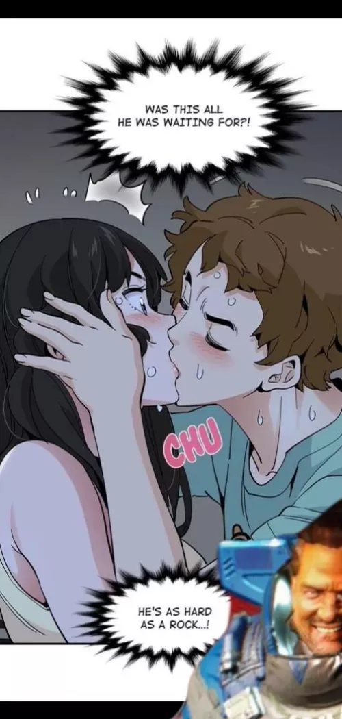 LF Color source - 1girl, 1boy, black hair, brown hair, “was this all he was waiting for?!”, “he’s hard as a rock…!”, “chu”, kissing, hand on face, sweating, blushing