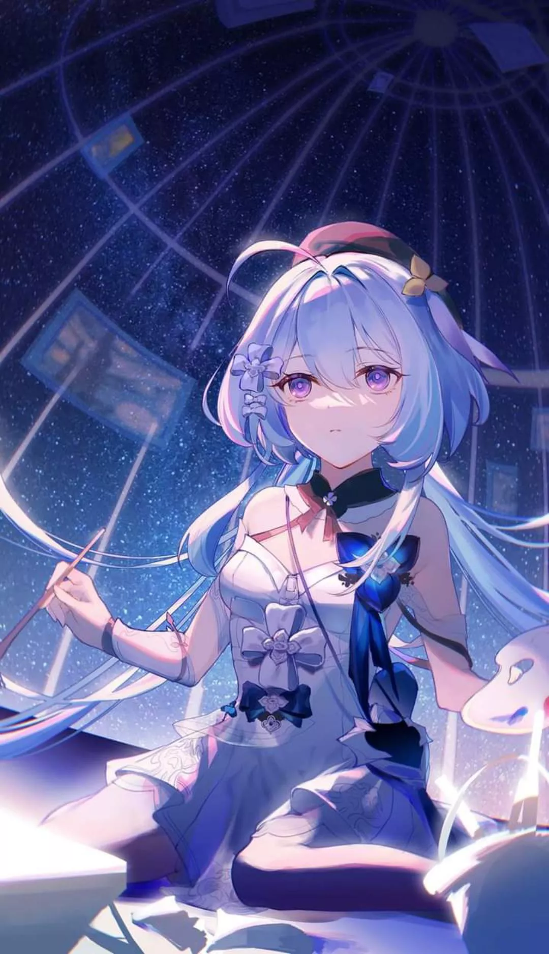 LF Color Source: 1girl, ahoge, hat, paintbrush, blue hair, purple eyes, star (sky), hair between eyes, ribbon, hair ribbon, hair ornament, hair flower, sleeveless dress, leg wear
