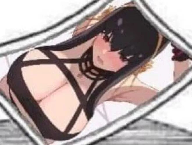 LF Color Source: 1girl, armpit, arms up, bangs, bare shoulders, black clothes, black dress, black hair, cleavage, collarbone, from above, hair between eyes, hairband, huge breasts, large breasts, long hair, lower teeth, necklace, open mouth, red eyes, yo