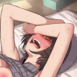 LF Color Source: 1girl, black hair, bob cut, blushing, armpits, grey virgin killer sweater, virgin killer outfit, arms above head, armpit, big breast