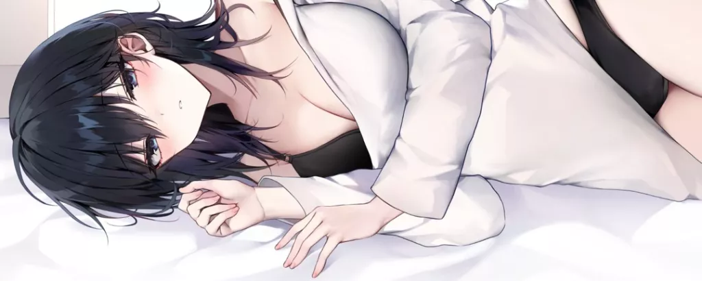 LF Color Source: 1girl, black hair, long hair, black bra, laying sideway
