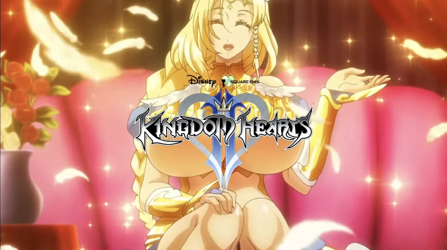 LF Color Source: 1girl, blonde hair, eyes shut, large breasts, smiling, feathers, 