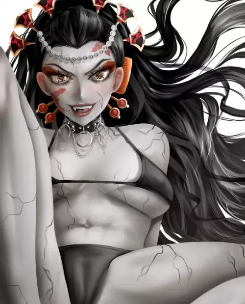 LF Color Source: 1girl, daki, kimetsu no yaiba, demon slayer, black hair, long hair, choker, black bikini, big/large breasts, face paint, hair ornament, looking at viewer, mouth open, fangs