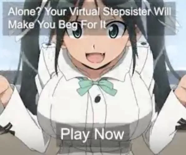 LF Color Source: 1girl, pigtails, big breasts, fang, uniform, “alone,” “your virtual stepsister will make you beg for it,” “play now”