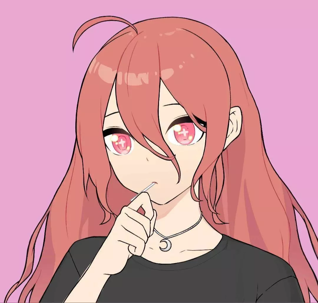 LF Color Source: 1girl, pink background, lolipop, red hair, red eyes, long hair, black t-shirt, necklace, hand on own chin, hair between eyes, looking at viewer