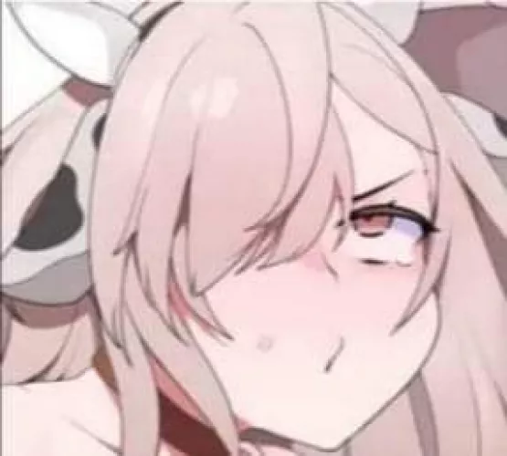 LF Color Source: 1girl, pink hair, pink eyes, cow ears, looking up, collar, implied sex, hair over one eye, single tear