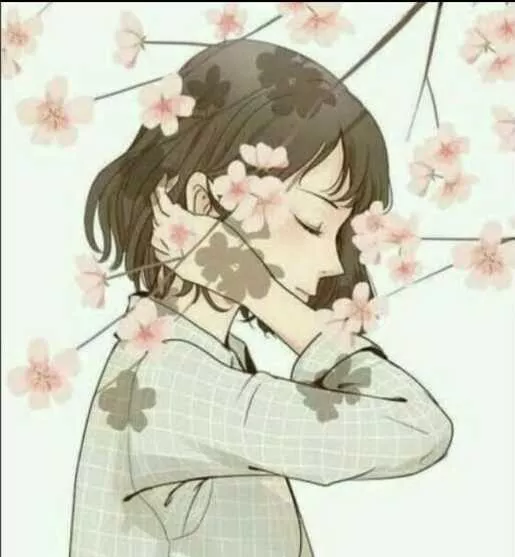 LF Color Source: 1girl, short hair, brown hair, from side, cherry blossom, long sleeve, eyes closed