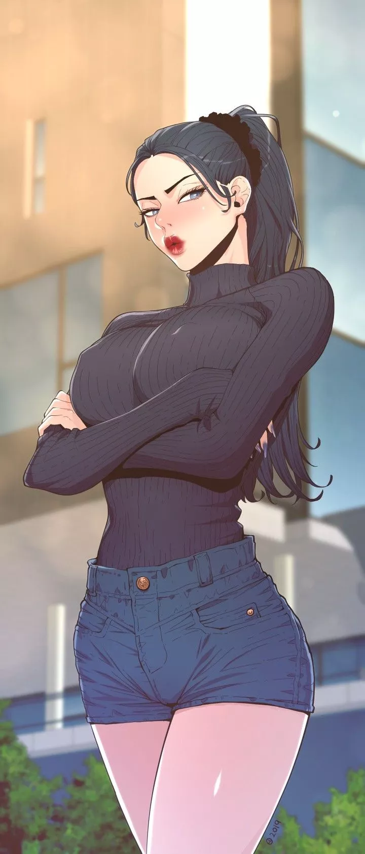 LF color source: 1girl, shorts, blue shorts, dark shirt, grey shirt, red lipstick, grey hair, blue eyes, arms crossed, looking at viewer, raised expression, building in background, background out of focus, ponytail, blue nailpolish, long sleeves,