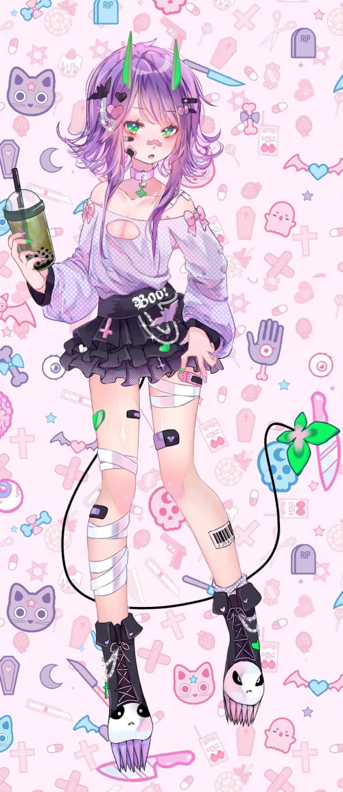 LF Color Source: 1girl, standing, purple hair, long hair, hair between eyes, green eyes, eyes open, bandage on face, tail, green nailpolish, green horns, hair ornament, short skirt, boots, 