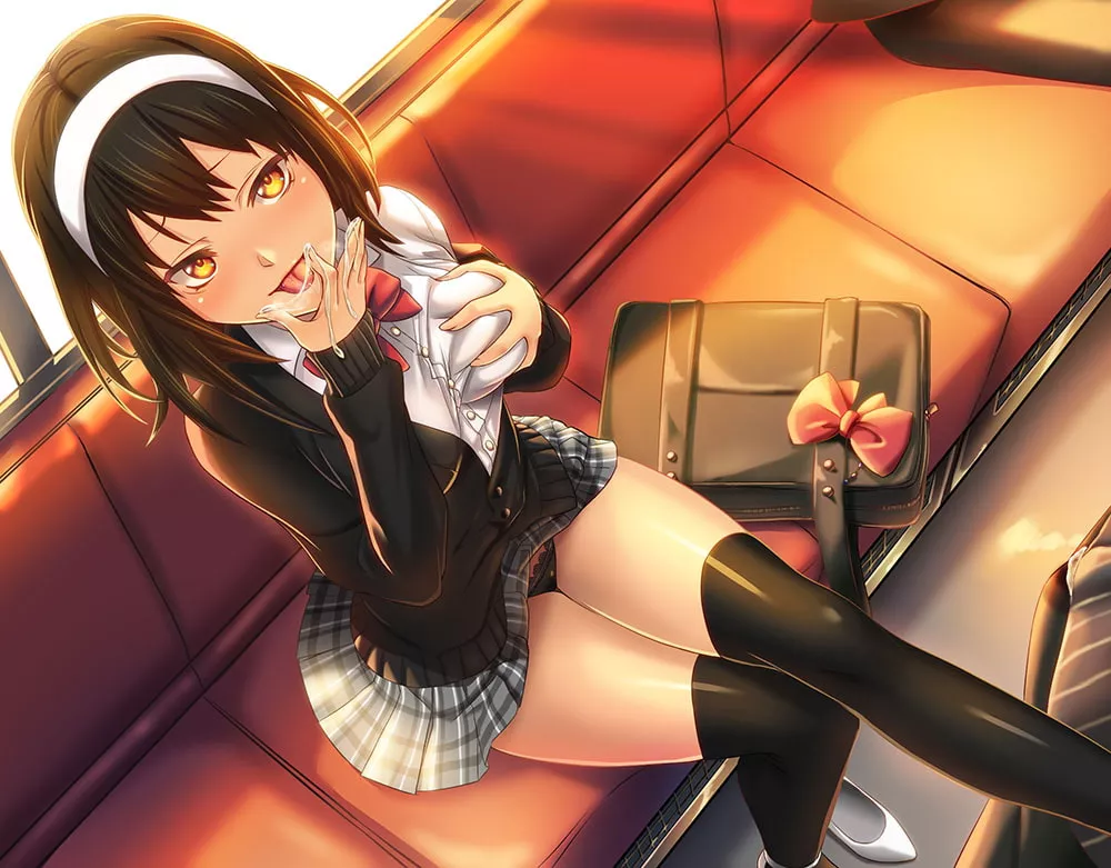LF Color Source: 1girl, train, sitting, thighs, black panties, school uniform, hairband, self fondle, bag, yellow eyes, black hair, cum, licking, hair between eyes