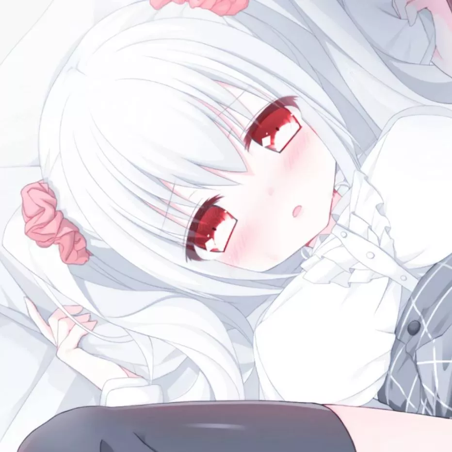 LF Color source: 1girl, twintails, blush, skirt, black legwear, spread legs, lying, on bed, hands on pillow, white hair, red eyes