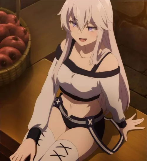 Lf color source: 1girl, white hair, crop top, smile, violet eyes