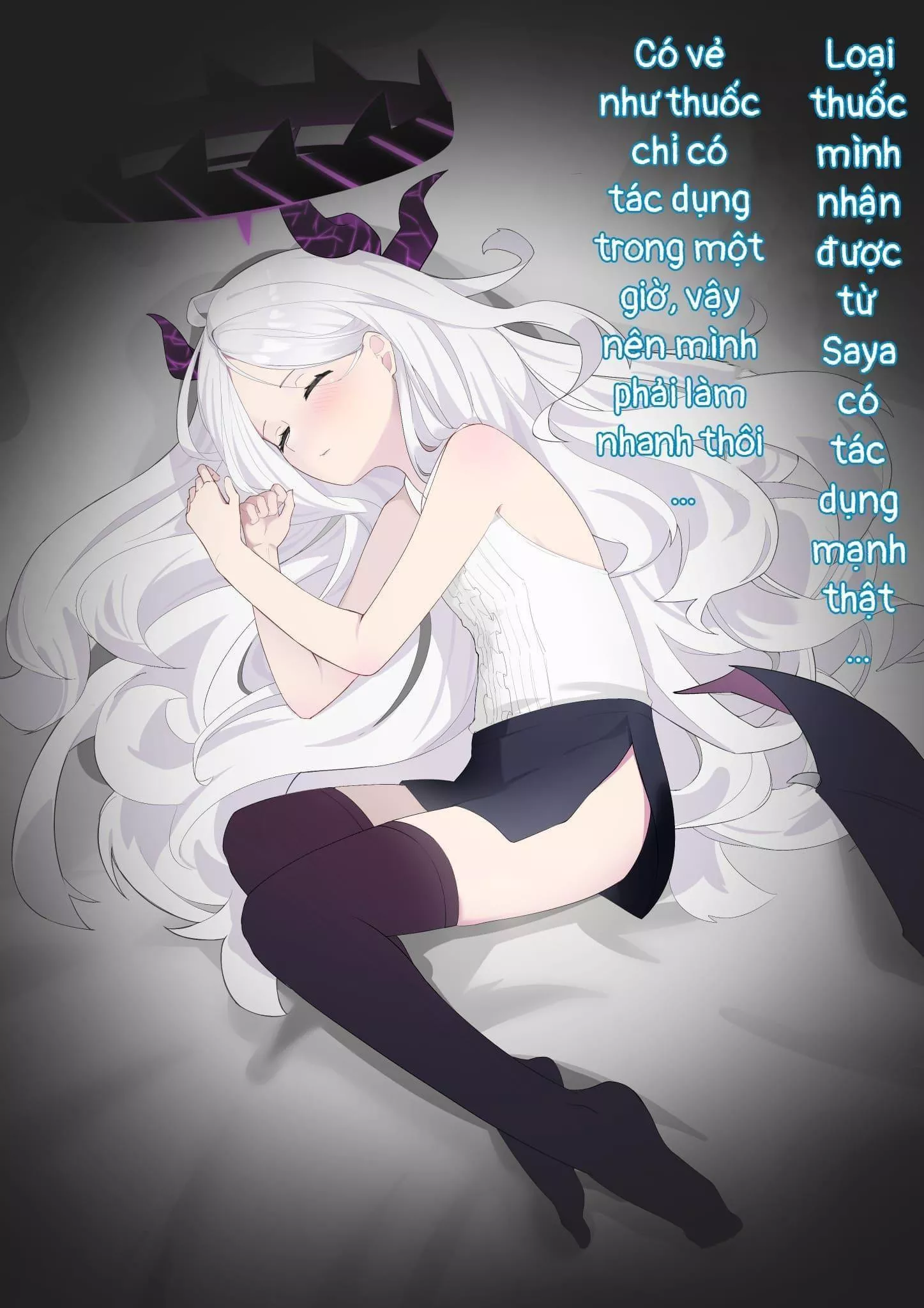 LF Color source: 1girl, white hair, horn, sleeping, long hair, socks, “Loai thuoc minh nhan duoc tu Saya co tac dung manh that…”, “Co ve nhu thuoc chi co tac dung trong mot gio, vay nen minh phai lam nhanh thoi…”