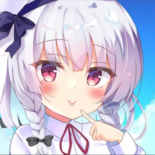 LF Color Source: 1girl, white hair, red eyes, tongue out, finger to mouth, hairband, bow, braid, blush, shirt, long sleeves, neck ribbon