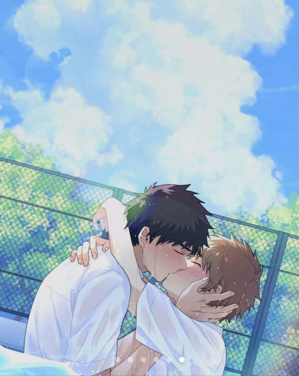 LF Color Source: 2boys, kiss, pool, wet, arms, wrapped, fence, clouds, bluesky, dressshirts, blackhair, brownhair