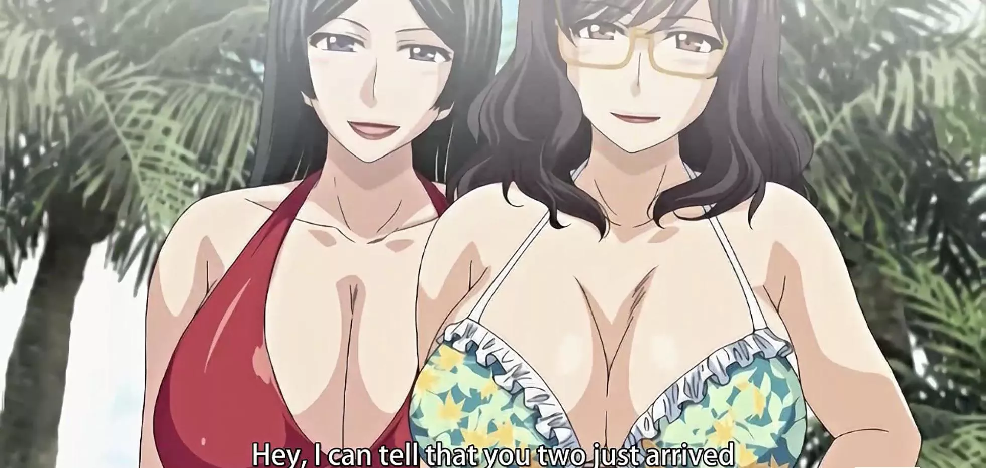 LF Color Source: 2girls, brown hair, black hair, glasses, big breasts, swimsuit, “Hey, I can tell that you two just arrived”